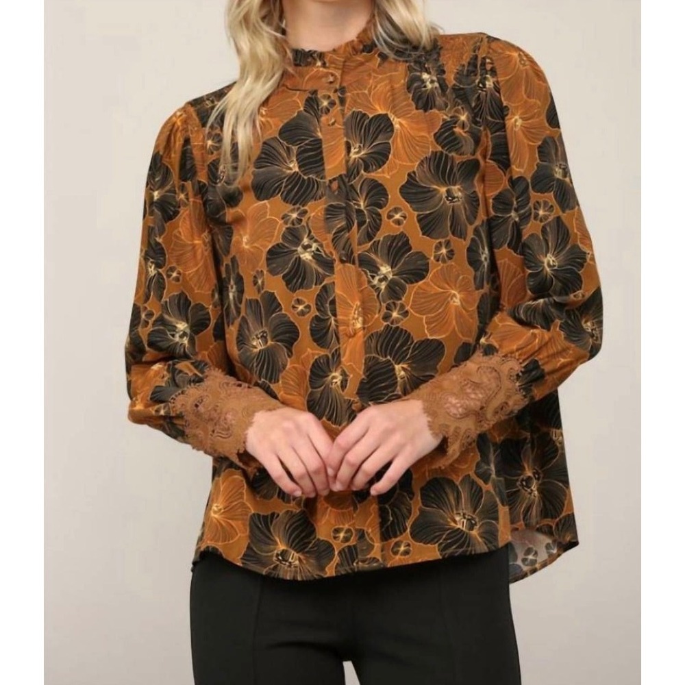 Fate Floral Smocked Blouse Brown Black Lace Cuff Button Down Top Medium